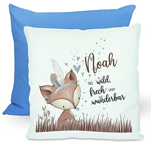 CreaDesign, Kinder Kissen 40x40 cm personalisiert mit Namen, Kinderzimmer Deko Kissen Kinder mit Füllung Federn, Motiv Fuchs Indianer, Rückenfarbe Blau