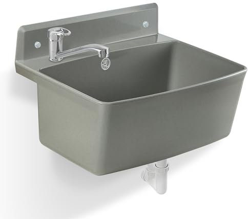 gospo Gartenwaschbecken, 55x42x22.5cm Haushaltsbecken aus hochqualitativem Polystyrol, Ausgussbecken mit Easy-Clean Technologie, Waschbecken für Garten (Grau, Stehende Batterie)