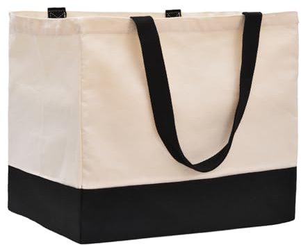 CNaiyunpin Heavy Duty Canvas Reusable Grocery Bags - 8.3 Gal Foldable Large Tote with Handles, Holds 60 lbs & Washable Eco-friendly Bags with 5 Pockets, Off White Black
