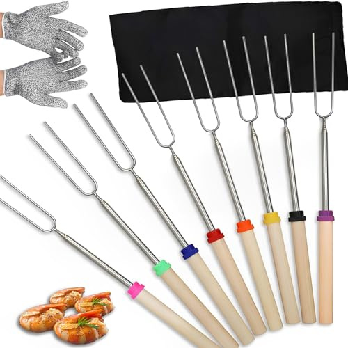 LQCOZYM Teleskop Grillspieße aus Edelstahl – 8 Stück Stockbrotspieße 31–81 cm mit Aufbewahrungstasche & Handschuhen – Ideal für Camping, Lagerfeuer & Party