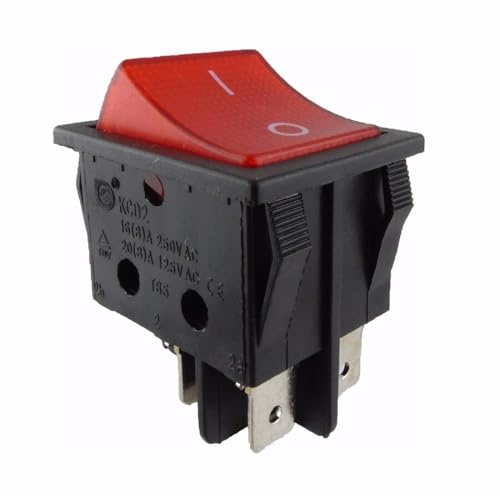 Wippenschalter, 2 polig (4pin) 16A 250VAC 30x22mm Rote Wippe beleuchtet