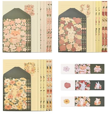 BAYTORY Set di 36 fogli di carta e buste per cancelleria, con simpatici motivi di animali, kit di lettere d'amore, 18 fogli di carta + 9 buste + 9 adesivi sigillanti (cane, coniglio, gatto)
