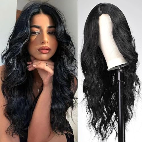 QUEENTAS 24 Zoll schwarze Perücken für Frauen, synthetische Perücke, Mittelscheitel, lang, lockig, gewellt, für den täglichen Gebrauch, Partys, Cosplay (natürliches Schwarz Nr. 1B)