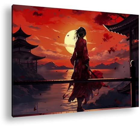 Leinwandbild Samurai im roten Kimono bewundert einen feurigen Sonnenuntergang. Format: 120x80 cm XXL Kunstdruck Bild auf Keilrahmen/Wandbild/Wohnzimmer Deko