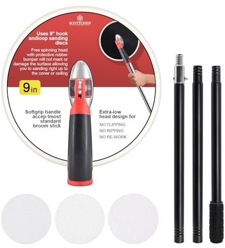 SCOTTCHEN Drywall Pole Sander,9 Inch Radial Round Pole Sander with 47inch Extension Pole for Dry Wall,Include 3pcs Sanding Sheets 80, 100，150 Grits