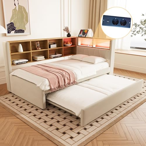 Dolamaní Ausziehbett 90x200 cm/90x190 cm, Tagesbett Ausziehbar mit vielen Ablagefächern, Jugendbett LED Funktionsbett, Polster Flanellstoff Einzelbett (Beige)