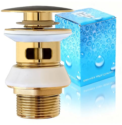 Siphon for Sink Brushed Gold,Universal Ablaufgarnitur für Waschbecken & Waschtisch Modernes Pop-Up Click Clack Ventil - Ablaufventil mit Überlauf,Messing, Edelstahl,Golden (Überlauf)
