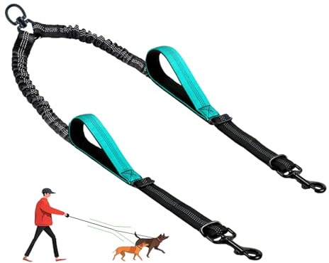 LEOSASA Double Dog Leash - No Tangle Splitter for Two Dogs, Coupler with Adjustable Long Lead Rope, Dual Control Handles, Retractable No Pull Bungee, Walk Train Small Medium Large 2 Pets (Blue)