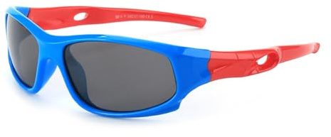 JoXiGo Polariserade sportsolglasögon för pojkar och flickor (3–12 år) + glasögonsnören + glasögonfodral, Blå ram - röda grenar, 57 mm x 37 mm x 22 mm x 118 mm