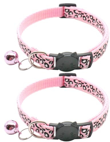 Reflektierend Katzenhalsband mit Sicherheitsverschluss und Glöckchen, 2-Stück Verstellbar Halsband Katze Kitten, 19-32cm (Rosa)