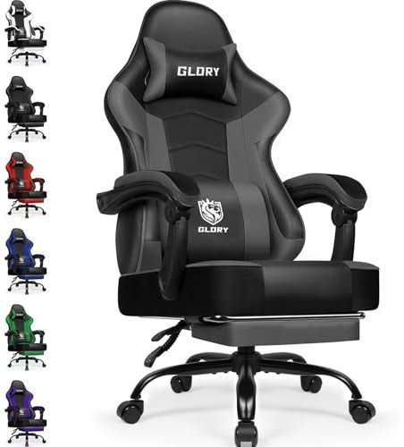 minnouat Gaming Stuhl, Bürostuhl Ergonomisch mit Teleskopische Fußstütze, Gaming Chair mit Kopfstütze und Lendenwirbelstütze,Gaming Sessel gepolstert 150 kg, höhenverstellbarer Gamer Stuhl,Grau