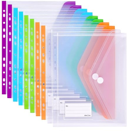 Donken Dokumententasche A4 Abheftbar, Wasserdichte Dokumentenmappe Sammelmappen mit Klettverschluss & Etikettentasche, Bunte Mappen für Dokumente Organisieren (10 Stück, Bunt & Transparent)