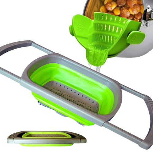 TEN73 2-in-1 Silicone Strainer Set | Collapsible Colander | Over the Sink Silicone Collander With Extendable Handle | Clip-on Pot Strainer for Pots and Pans| Space-Saving, Heat-Resistant