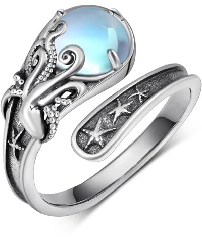 Zunxinsan Octopus Ring 925 Sterling Silver Moonstone Octopus Spoon Ring Octopus Jewelry Gifts for Women