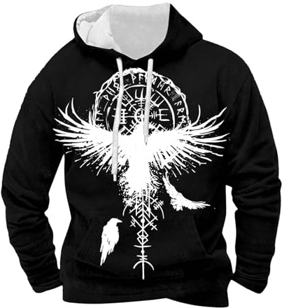 Generisch Felpa con cappuccio da uomo vichingo con corvo – felpa nordica con motivo rune | Maglione con simboli mitologici per uomo