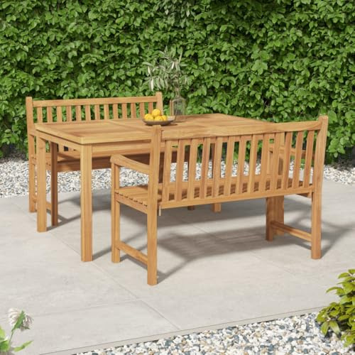 QJBSAVVA 3-TLG. Garten-Essgruppe 150x90 cm Akazienholz Teak-Optik wasserabweisend Modernes Design Robuste Sitzbank mit Lehne Gartentisch Set für Balkon Terrasse und Campingplatz