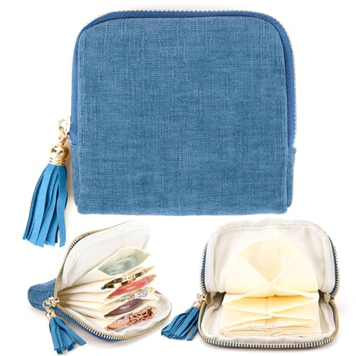 YOPCDJ Small Travel Jewelry Case, Portable Soft Jewelry Bags, Organizer Pouch with 6 Compartments Pocket, Anti-Scratch Storage Holder for Bangle Bracelets Earrings Necklace, Women Gifts, Ocean Blue