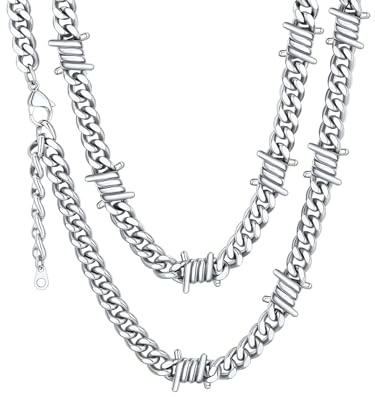 ChainsHouse Collar Hombre Rock Punk Acero Inoxidable Cadena Cuello Hombre Espinas 9mm 46cm con Extension