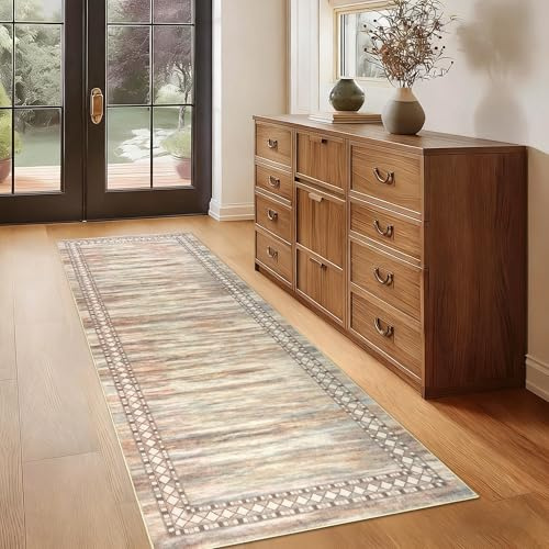 Homcomodar Teppich Läufer Flur 80X200cm Flur Teppich Beige Küchenläufer Waschbar Morden Teppichläufer rutschfest für Küchen Hallway Schlafzimmer Eingang Wohnzimmer