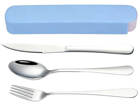 Set de 3 Couverts en Inox avec Boite à Couvert- Kit deCouvert Camping Nomade pour Lunch Box et Lunch Bag - Acier Inoxydable Durable - Idéal comme Couvert Enfant ou Adulte (Bleu Sérénité)