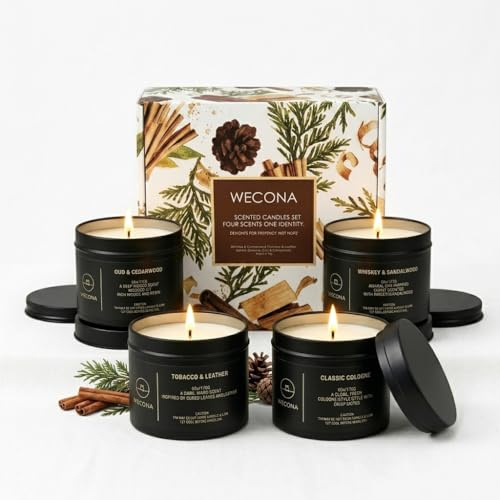WECONA Duftkerzen Geschenkset für Männer, 4 x 150 g Sojawachs | Jede Duftkerze: Whiskey & Sandelholz, Tabak & Leder, Kölnisch Wasser oder Oud & Zedernholz – Candle Set für ihn.