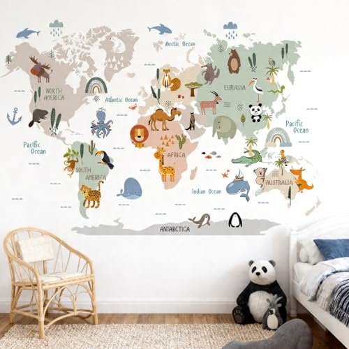 1 Stück Weltkarte Tiere Wandaufkleber Wandtattoo Kinderzimmer Wandtattoo Kinderzimmer Wandsticker Weltkartes Tiere für Junge Mädchen Wanddeko Selbstklebend