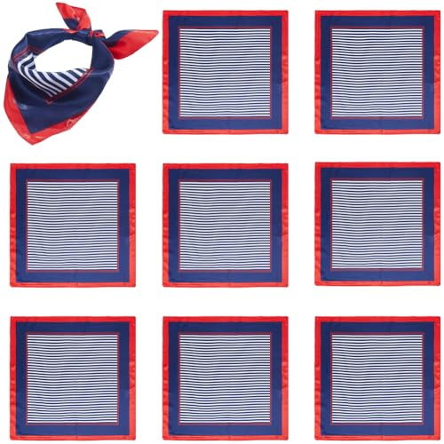 CREATCABIN Écharpe de Marin/Hôtesse de L'Air (8 pièce) Imitation Soie Rouge Blanche et Bleue Carrée Style Nautique Accessoire de Costume pour Femme 60x60cm