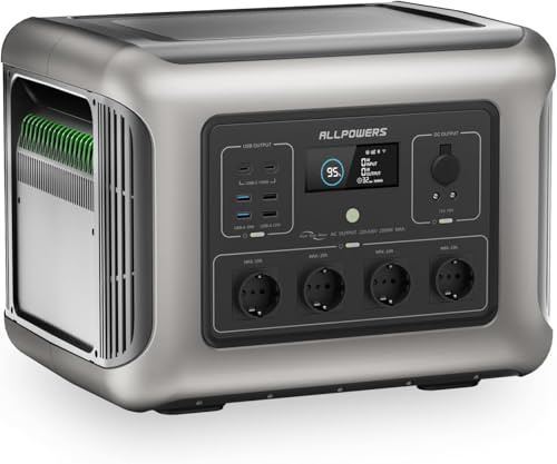 ALLPOWERS R2500 V2 generador solar portatil 2500W (pico 5000W)/1920Wh Batería LiFePo4 con 4 * 2500W AC,MPPT 1000W max,SAI<15ms,Carga AC completa 0-100% en 1.5h,Carga Solar/Red/Coche,para Hogar Emergen