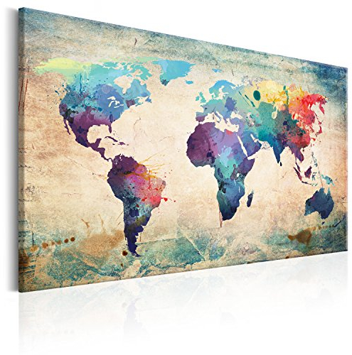 Pinnwand B&D XXL - Weltkarte Pinnwand & Leinwandbild 120x80 cm - 1 Teilig - Kunstdruck modern Wandbilder XXL Wanddekoration Design Wand Bild - Kontinent Landkarte Karte Reise bunt