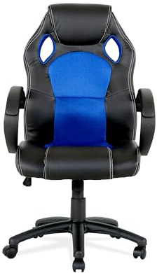 Silla de Estudio Juvenil Tipo Gaming con Asiento Mixto símil Piel-Textil y Base de Nylon, Color Negro y Azul. Modelo Madrid