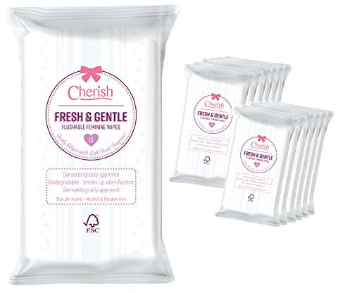 Cherish Flushable, Biodegradable Fresh & Gentle Intimate Hygiene Wipes, Balances PH (12 packs x 15 wipes totaling 180 wipes)