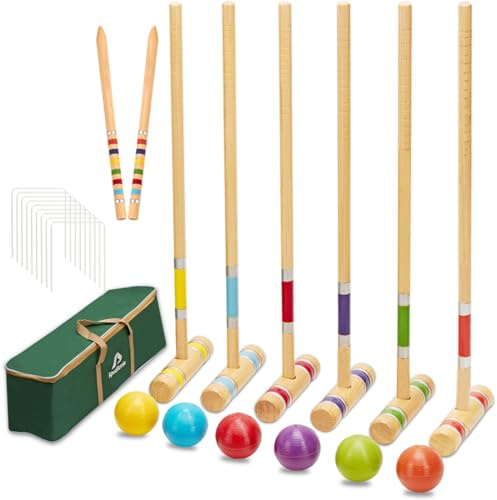 ApudArmis Six Player Croquet Set with Premiun Pine Wooden Mallets,Colored Ball,Wickets,Stakes - Lawn Backyard Game Set for Adults/Teens/Family (Large Carry Bag Including)