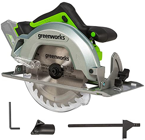 Greenworks GD24KS Sega Circolare a Batteria, 4500 giri/min., Lama da 185mm, Profondità di Taglio 64mm, SENZA Batteria 24V e Caricabatterie, Garanzia 3 Anni