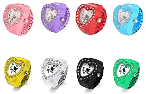 JewelryWe Damen Ringuhr Fingeruhr Analog Quarzuhr Elastisch Herz Ring Uhr Uhrenring für Mädchen Schwarz Weiß Rot Rosa