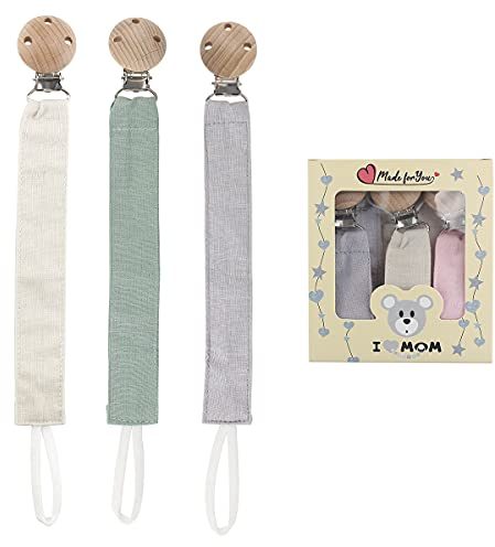 RUBY 3PCS Schnullerkette Stoff Set,Schnullerband Baumwolle,Cotton Schnullerkette MäDchen und Schnullerkette Junge,Schnullerketten mit Buchenholz Clip