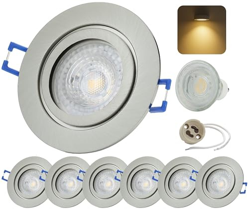 Sweet Led Einbaustrahler Bad IP44 6er Set – Deckenspot Bad Chrom Gebürstet – GU10 7W 230V 3000K Warmweiß – Leuchtmittel austauschbar –LED Spots Decke Badezimmer