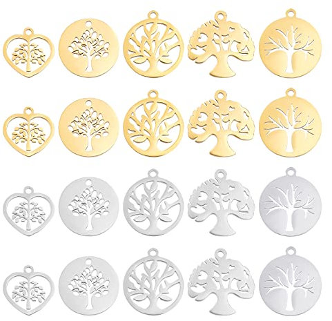 DICOSMETIC 20 pz 5 Stile Dorato e Inossidabile Colore Albero della Vita Ciondoli Piatto Rotondo con Ciondoli Albero Cuore Ciondoli Albero Genealogico Ciondoli Albero Cava per Creazione di Gioielli