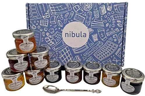 Luxury Jam and Marmalade Selection Hamper | Nibula Treats | Includes 10 Mini Jars of Preserve, Marmalade and Honey and a Jam Spoon | Ideal for Men and Women and Mother's Day.