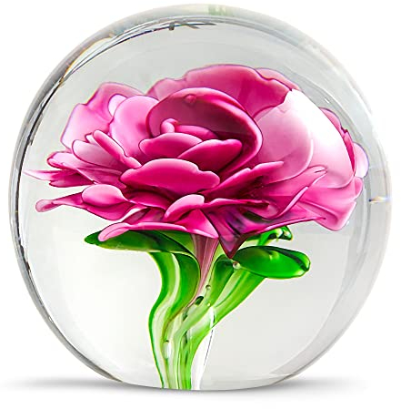 EUSTUMA Briefbeschwerer aus mundgeblasenem Glas für den Schreibtisch, als Geschenk von der Person, die Sie lieben, die Gartendekoration (rosa Blumen)