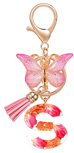MWOOT Letter Keychain Initiale Schlüsselanhänger Buchstabe,Alphabet Harz Buchstabe mit Blume Key Chain mit Schmetterling Quaste Anhänger Handtasche Charm,Rosa Blütenblatt Keyring für Frauen