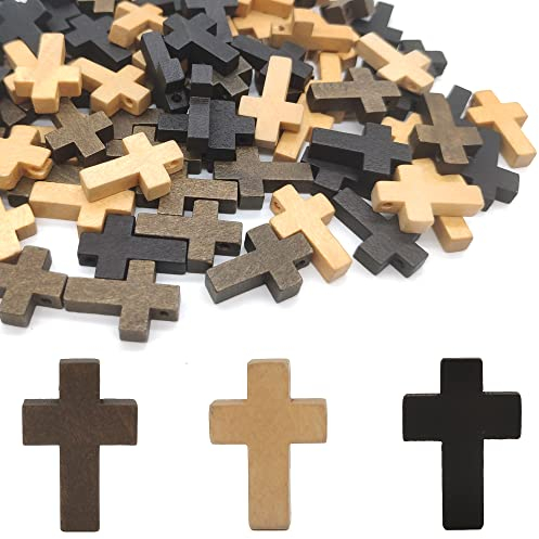 Hayaww 90 Pcs Kreuz Anhänger Holz, Holzkreuz Anhänger, Mini Kreuz Charms, 3 Farben, Für Party, Schule, DIY