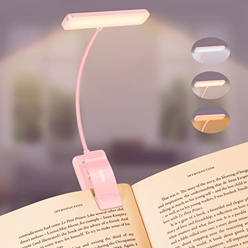 Gritin Leselampe Buch Klemme, USB Wiederaufladbare Buchlampe mit 19 LEDs, 3 Farb, Lange Laufzeit, Stufenlose Helligkeit Klemmlampe, 360° Flexibel Klemmleuchte für Nachtlesen ins Bett-Rosa