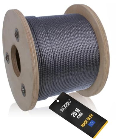 NAJDER Câble en Acier Inoxydable 6 mm, Câble Métallique, Longueur: 20m, Bobine de Fil D'Acier Inox Corde 7x19, Résistance à la Traction: 1570 MPa Construction, Bricolage, Décoration