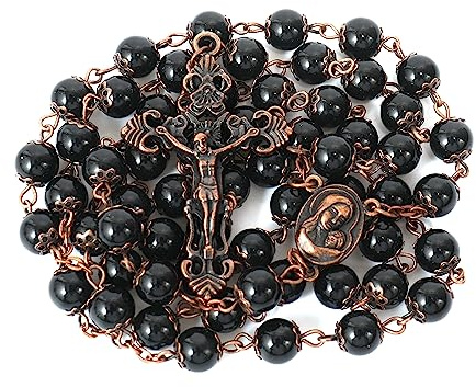 Nazareth Store Collana rosario con perline in pietra naturale Design in rame antico Medaglia del suolo sacro e croce in sacchetto di velluto - Rosari cattolici Terra Santa Gerusalemme