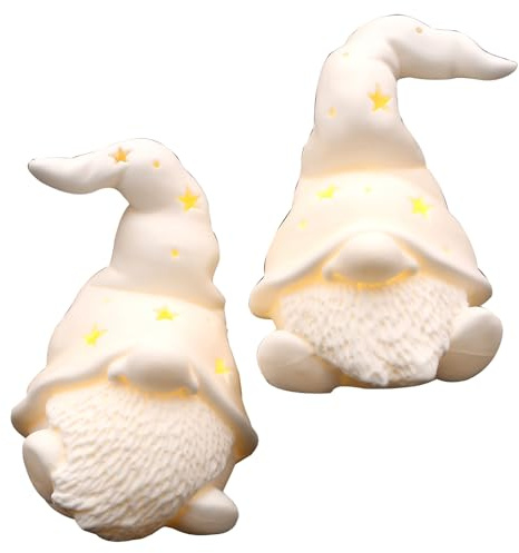 Dekohelden24 Porzellan LED Gnom - Wichtel mit Mütze in weiß als 2er Set, Maße je Figur L/B/H 8,5 x 8,7 x 11 cm