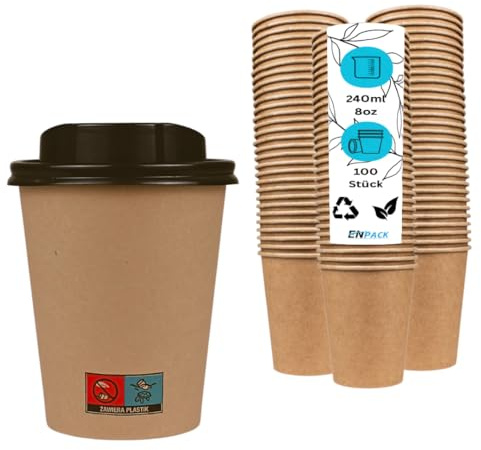 Enpack 100 Kaffeebecher braun mit Deckel 80mm - einweg kaffeetassen mit 200ml/8oz Füllmenge - Hitzebeständige to Go Becher - Recycelbare cafe to go becher für Kaffee/Tee/Kakao -Kraftpapier