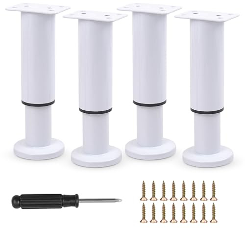 Furniture Adjustable Legs, Metal Bed Support Leg Central Slat Frame Couch Replacement Support Leg Part Heavy Duty Furniture Foot with Screwdriver for Cabinet/Dresser/Table/Sofa 12-18cm (White 4 Pcs)