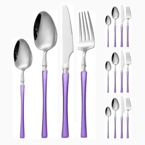Small Waist Handle Kitchen Stainless Steel Silverware Tableware Flatware Cutlery Knives Forks Spoons Set Home Steak Knife Dessert Spoon (Purple Silver,16 Pieces)