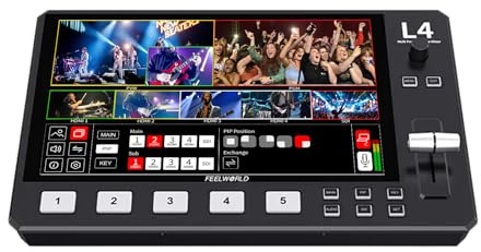 FEELWORLD L4 Commutateur de table de mixage vidéo avec écran tactile LCD 10,1, multi-caméra, USB 3.0 Fast Live Streaming Broadcast 4 HDMI IN 1 SDI IN