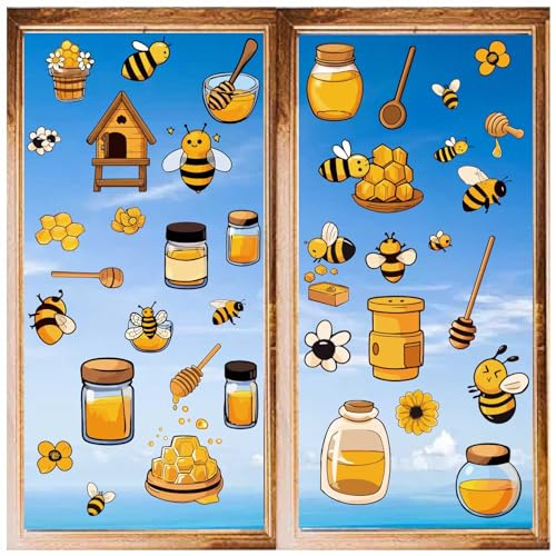 CRASPIRE 8 Sheets Bee Honey Jar Window Decals Self Adhesive Clings Honeycomb Daisy Wall Stickers Peel and Stick Vinyl PVC Waterproof Decor for Bedroom Nursery Living Room Bath Dorm